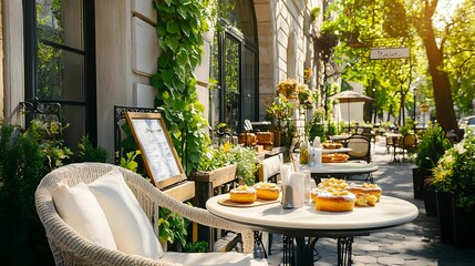 sunny parisian cafe terrace with pastries - sunny