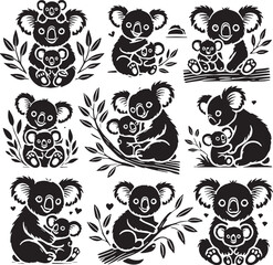 Black Color Koala Silhouette Vector Illustration, Solid White Background