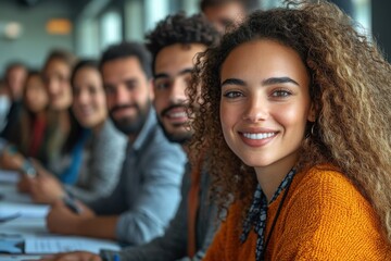 Obraz premium Smiling young woman in a diverse group at a conference table