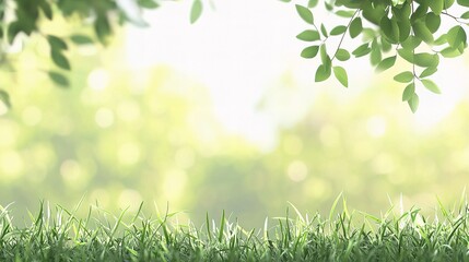 Fototapeta premium Lush Green Scene: A vibrant and refreshing panorama of a sun-drenched meadow, with verdant blades of grass in the foreground, framed by gentle foliage and soft, blurred bokeh lights in the background.