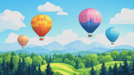Naklejka premium Hot air balloons soaring over lush green forest landscape with vibrant colors on a sunny day captivating aerial view of nature and adventure in the great outdoors 180 chars exactly