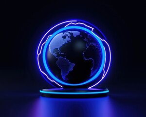 Futuristic globe with neon lights representing global connectivity and innovation.