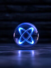 Futuristic glowing atom symbol in a glass sphere, a blend of science and art.