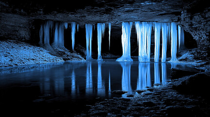 Majestic polar region scene where shimmering ice stalactites form a cathedral-like structure reflected in icy waters 