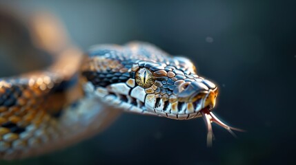 A close-up of a python's head with its tongue flicking.