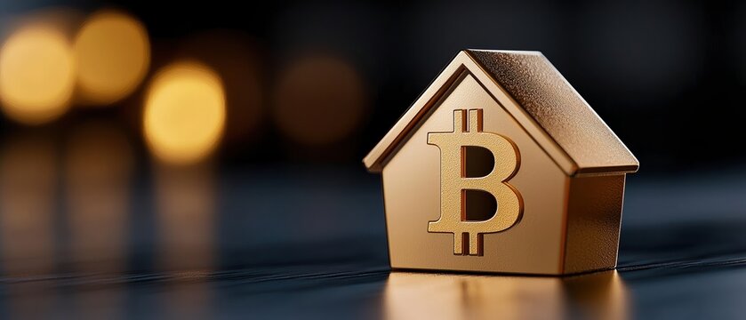 Golden bitcoin house symbol illustrating cryptocurrency and real estate investment.