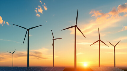 Fototapeta premium Wind turbines and solar panels at sunset, showcasing renewable energy