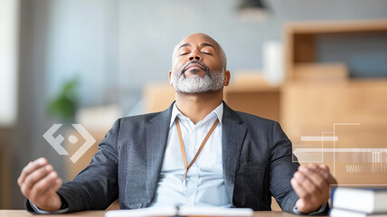 Mindful man practicing deep breathing exercises in modern office