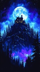 Enigmatic Hilltop Castle Silhouetted Against a Vibrant Night Sky