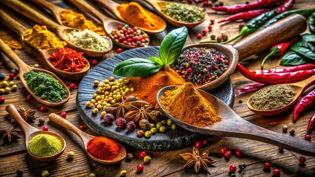 Warm spices spill onto a rustic wooden tablet, bay leaves, garam masala, mace, nutmeg, and more.