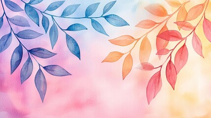 Fototapeta premium Leafy watercolor concept. A beautiful watercolor background with colorful leaves creating a serene atmosphere.