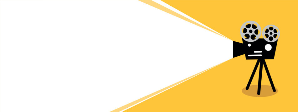 Retro cinema projector. Movie time. Vintage film camera reel. Minimalist flat design vector illustration. Yellow background. Can used for presetation, advertising, marketing, banner, invitation - Powered by Adobe