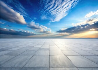 Wide-angle view: panoramic grey tiles stretch to a boundless blue sky, showcasing striking architectural perspective.