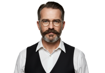 Mature Man with Mustache Glasses Studio Portrait Black Background face look hair gray style model