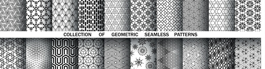Geometric set of seamless black and white patterns. Simple vector graphics.