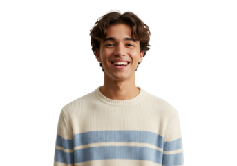 Happy Young Man Smiling Portrait Studio Shot Casual Sweater Male Face Blue Model Beige Image Photo  