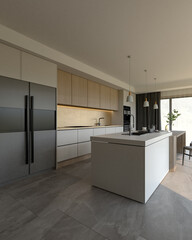 A modern kitchen featuring sleek cabinetry, an island, and large windows, creating a bright and functional workspace. 3d rendering interior.