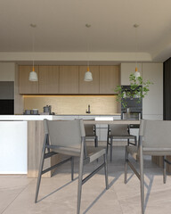 A modern kitchen-dining area featuring minimalist design with wooden cabinetry, stylish chairs, and natural light. 3d rendering.
