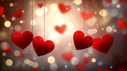Red hearts on red textured background pattern with particles and sprinkles for valentines day wedding celebration