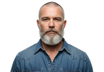 Obraz premium Portrait Serious Mature Man Gray Beard Denim Shirt Studio male face look adult black style model 