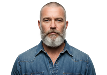 Portrait Serious Mature Man Gray Beard Denim Shirt Studio male face look adult black style model    