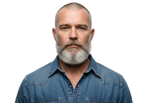 Portrait Serious Mature Man Gray Beard Denim Shirt Studio male face look adult black style model    