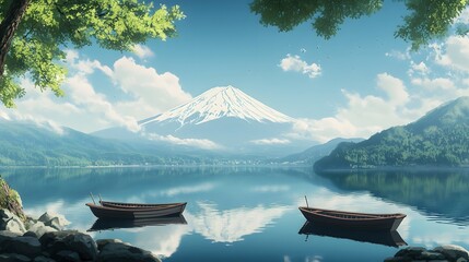 Obraz premium Serene Mountain Lake Boatscape Under Tranquil Skies
