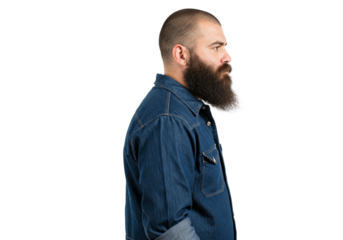Profile of Bearded Man in Denim Shirt Studio Shot men male hair face look black style model image