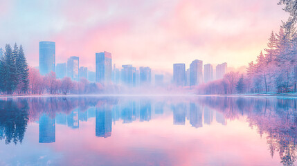 Fototapeta premium Vast mirror lake reflecting towering futuristic skyscrapers and swirling pastel clouds at dawn 