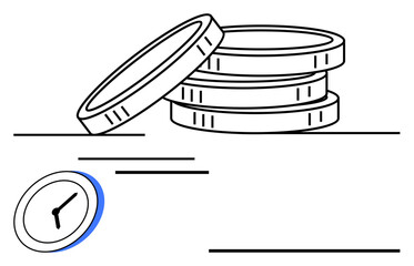 Stacked coins and clock conveying concepts of time, money, savings, investments, and productivity. Ideal for finance, time management, economics, budgeting work efficiency or abstract line flat