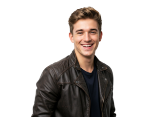 Happy Young Man Smiling Leather Jacket Studio Portrait guy men male cool face dark model style photo