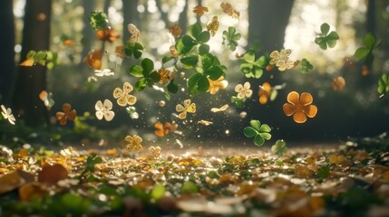 Falling Flowers and Clovers in Autumn Forest