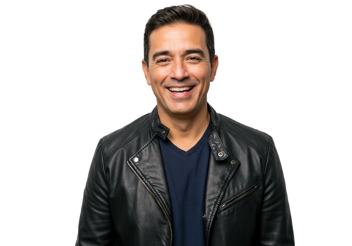 Happy Smiling Man Wearing Black Leather Jacket Studio Portrait Men Male Face Dark Aged Model Style  