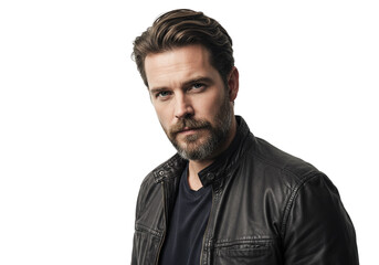 Obraz premium Portrait of a Man Serious Face Brown Hair Leather Jacket Male Cool Look Black Model Style Tough 