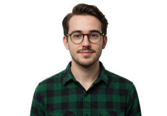 Portrait Young Man Green Plaid Shirt Glasses Studio Background male face hair model style happy