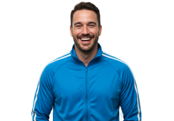 Happy Smiling Man Blue Tracksuit Jacket Portrait Studio Male Gear Model Person Joyful Active Sports 
