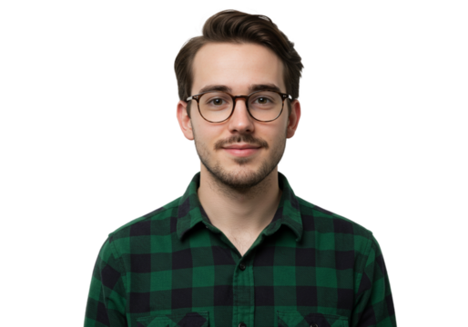 Portrait Young Man Green Plaid Shirt Glasses Studio Background male face hair model style happy