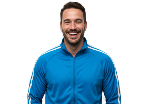 Happy Smiling Man Blue Tracksuit Jacket Portrait Studio Male Gear Model Person Joyful Active Sports