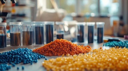 Colorful plastic polymer granules for industrial manufacturing.