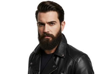 Portrait of a Man with a Beard Wearing a Black Leather Jacket guy men male face dark cool look hair 