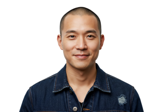 Smiling Asian Man Portrait Dark Background Studio Shot Casual Denim guy men face male cool happy    