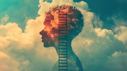 Person's head filled with clouds, ladder reaching sky.