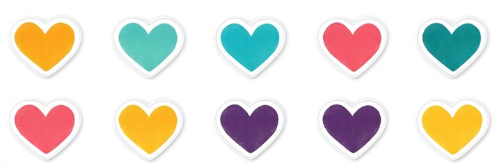 Sets of vibrant heart-shaped stickers are ideal for designers and craft enthusiasts. Perfect for holiday cards, scrapbooking, and creative decor projects
