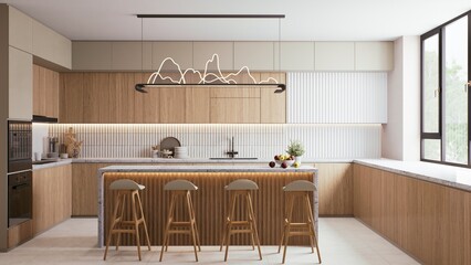 A modern kitchen featuring wooden cabinetry, sleek light fixtures, and a spacious island with bar stools, creating a warm and inviting atmosphere. 3d rendering.