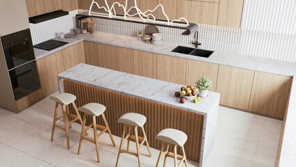 A modern kitchen with wooden cabinets, marble countertops, minimalist design, and stylish bar stools, creating an inviting and contemporary atmosphere. 3d rendering interior dining room top view.