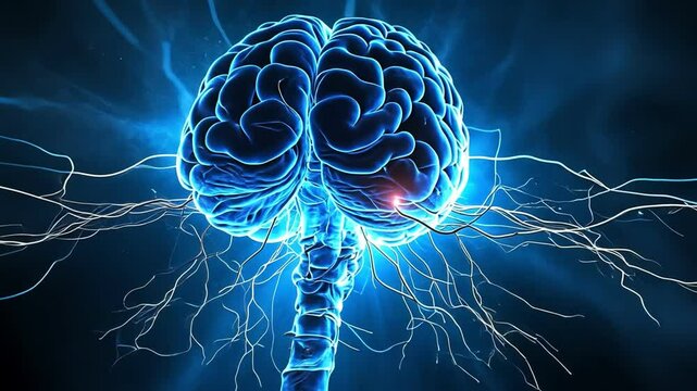 A vibrant depiction of a brain energized by electrical impulses and neural activity.