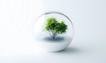 Small tree in glass sphere on white background.