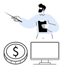 Presenter gestures with a pointer, holding a clipboard. Nearby, a coin with a dollar sign and a computer monitor. Ideal for finance, business, training, presentation, education planning abstract