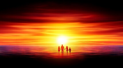 Fototapeta premium Family Silhouette at Sunset Ocean Beach