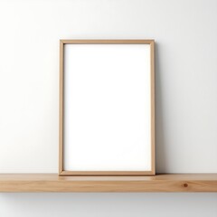 Blank white picture wooden frame mockup stands on a wooden shelf on white wall
